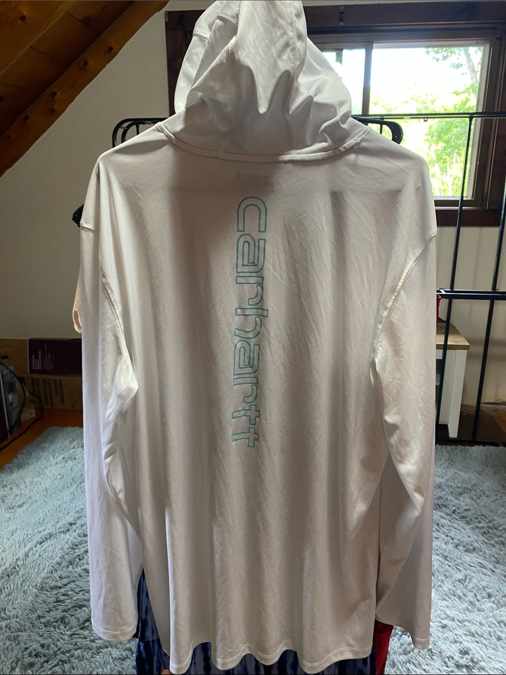 Carhartt White Hooded Long Sleeve Top with Teal Logo